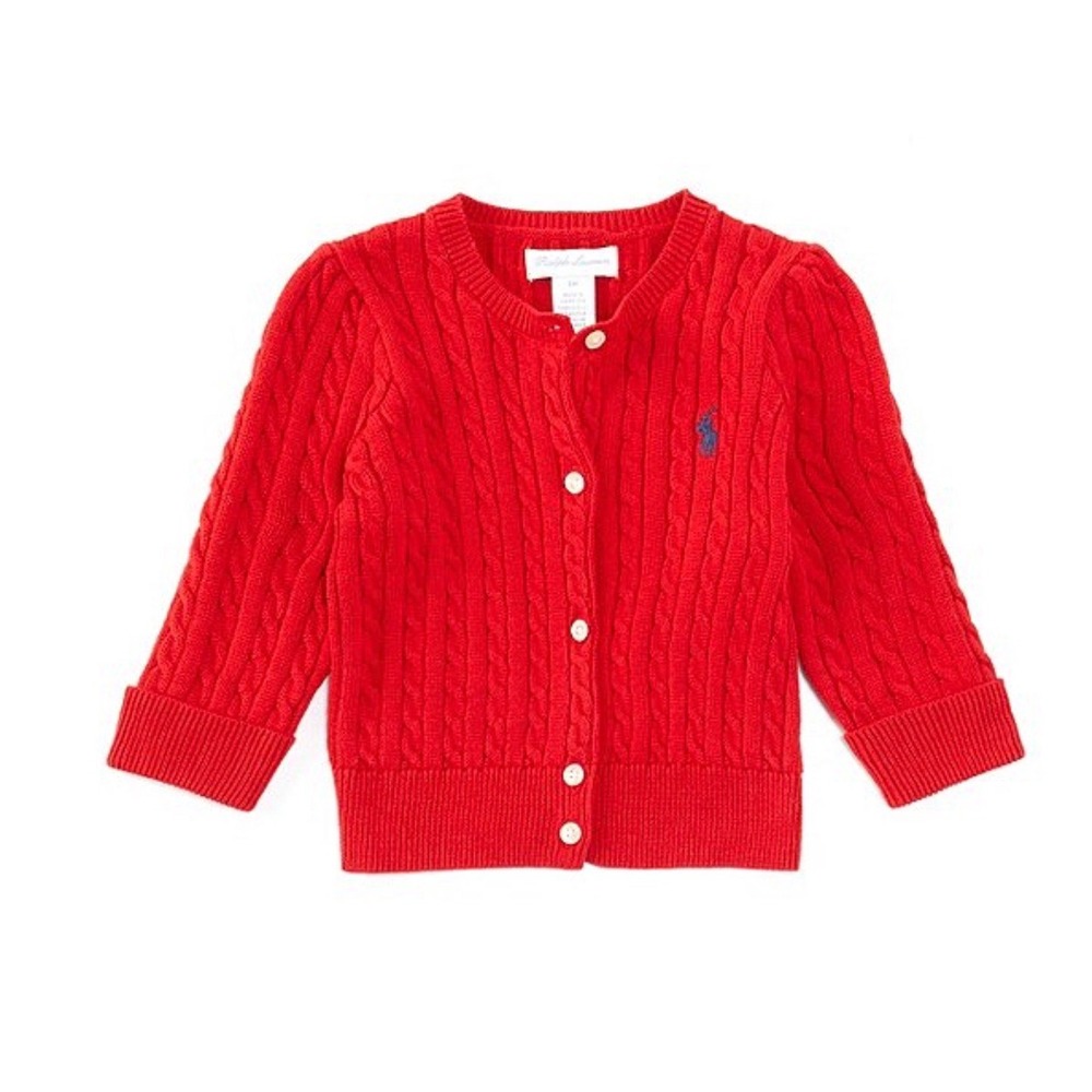 Ralph Lauren Baby Girls Red Mini Cable Knit Cotton Cardigan Sweater 6M NWOT